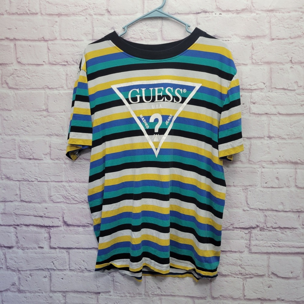 GUESS Originals Striped Logo Tshirt Mens Sz M Y2K Retro Streetwear Skater Casual - Picture 1 of 8